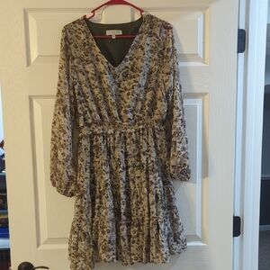 Floral Print Dress - Brown Chiffon Overlay